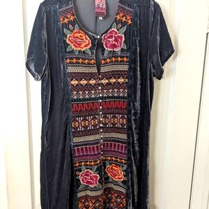 Johnny Was LA Grey Velvet Embroidered Dress Size L